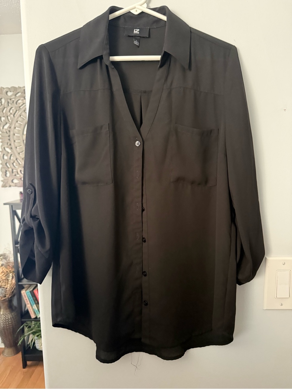 Iz Byer Black Button-Front Blouse with Roll-Tab Sleeves